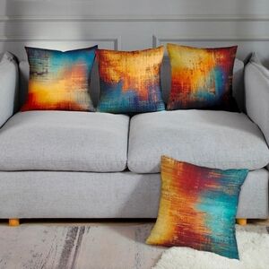 4 Abstract Art Orange Blue Soft Retro Boho Velvet Pillow Covers 18x18 Square Zip